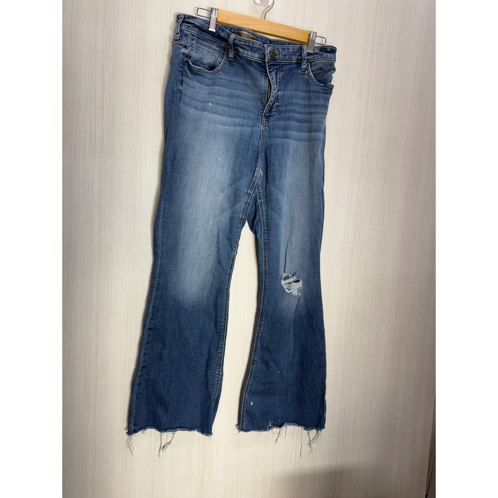 KUT from the Kloth Stella Fab Ab Flare Jeans Blue Distressed Raw Hem Size 12